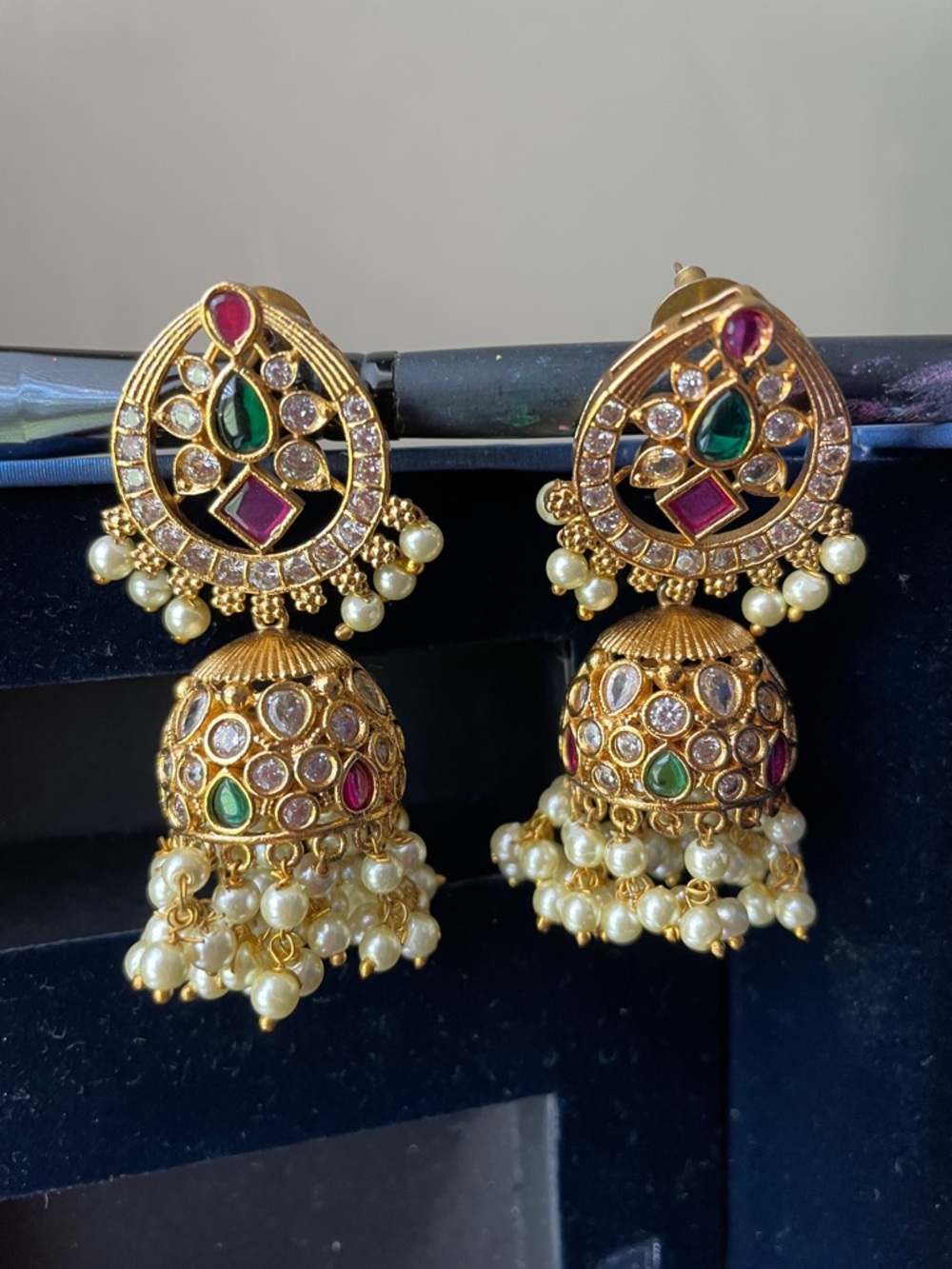 Gold-Tone Pearl Jhumka Earrings with Green & Pink Stones